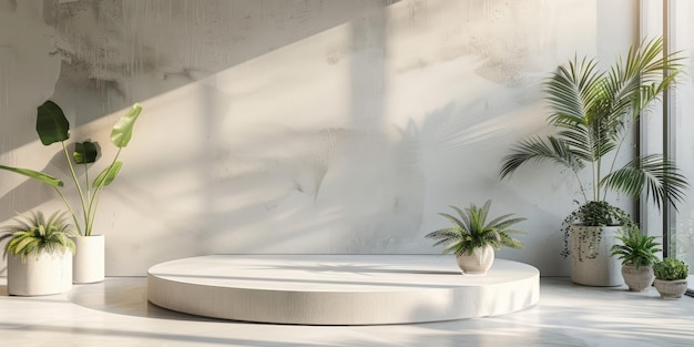 Escena minimalista con podio blanco y plantas simuladas