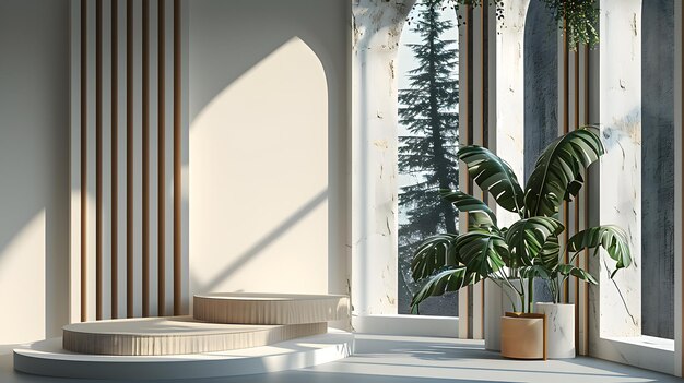 Escena minimalista con podio redondo interior moderno con plantas tropicales Renderizado en 3D