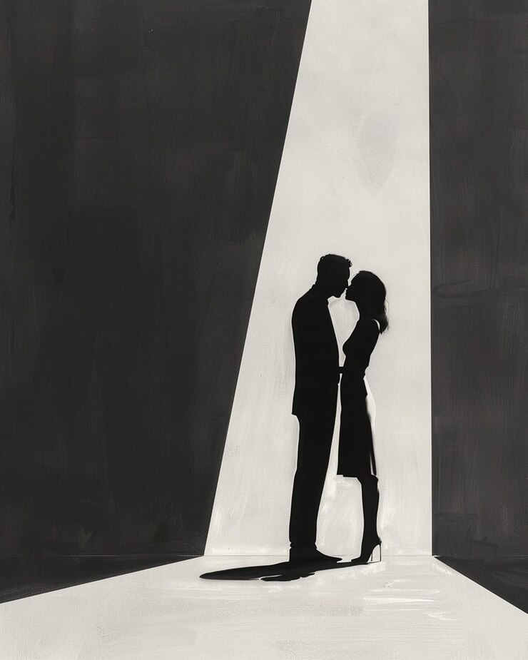 Una escena minimalista que captura el momento justo antes de un beso