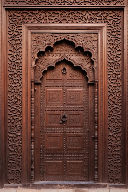 una escena minimalista de un solo panel de puerta de madera intrincadamente tallado de un tradicional ha paquistaní