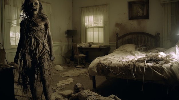 Foto escena misteriosa en el dormitorio con criatura misteriosa y realismo sobrenatural