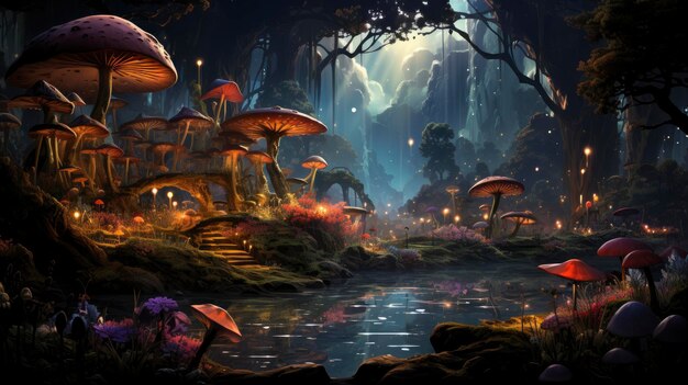 Escena mística del bosque con hongos iluminados castillo mágico luces brillantes y reflejos serenos del estanque