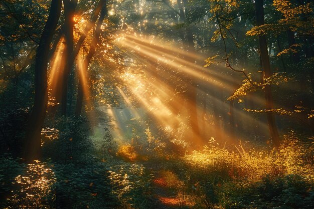 Una escena mística del bosque con la luz del sol filtrándose a través de los árboles proyectando sombras encantadoras