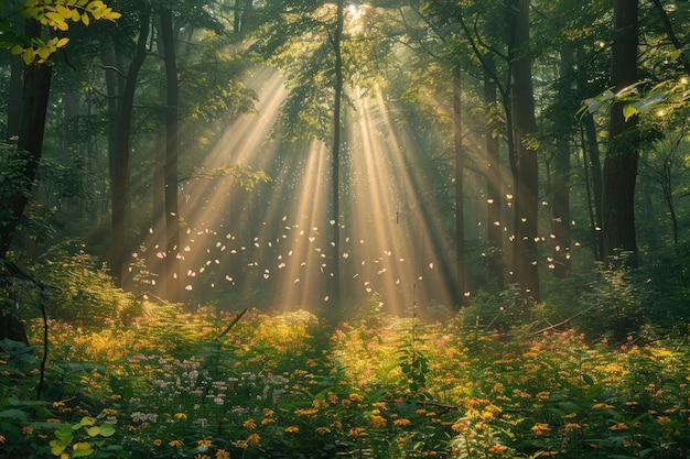 Una escena mística del bosque con la luz del sol filtrándose a través de los árboles proyectando sombras encantadoras