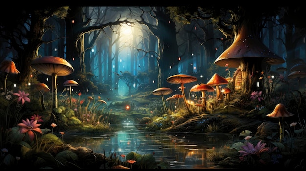 Escena mística da floresta com cogumelos iluminados castelo mágico luzes brilhantes e reflexos serenos da lagoa