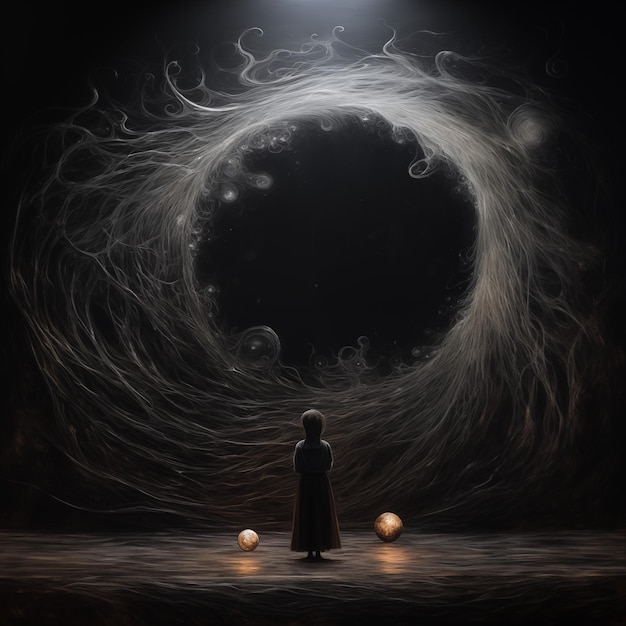 Foto escena mística imagen conceptual de una persona en un espacio oscuro rodeado por un círculo de energía brillante en un