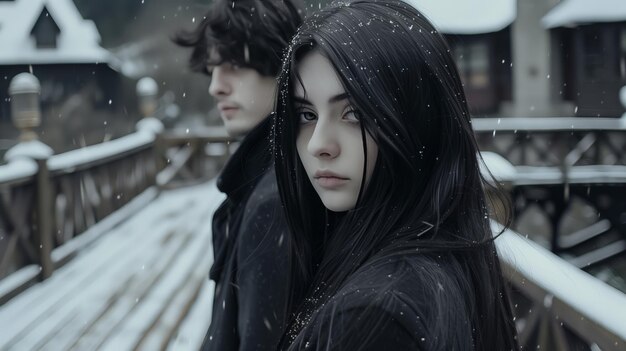 Foto escena mística de invierno una pareja en un puente en medio de la nieve