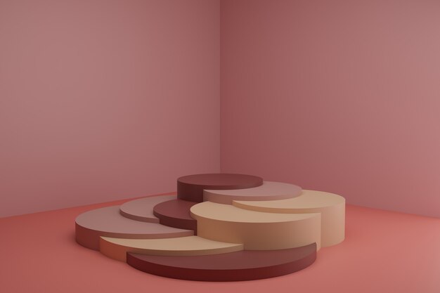 Escena de modelado 3d con elementos geométricos simples en habitación rosa