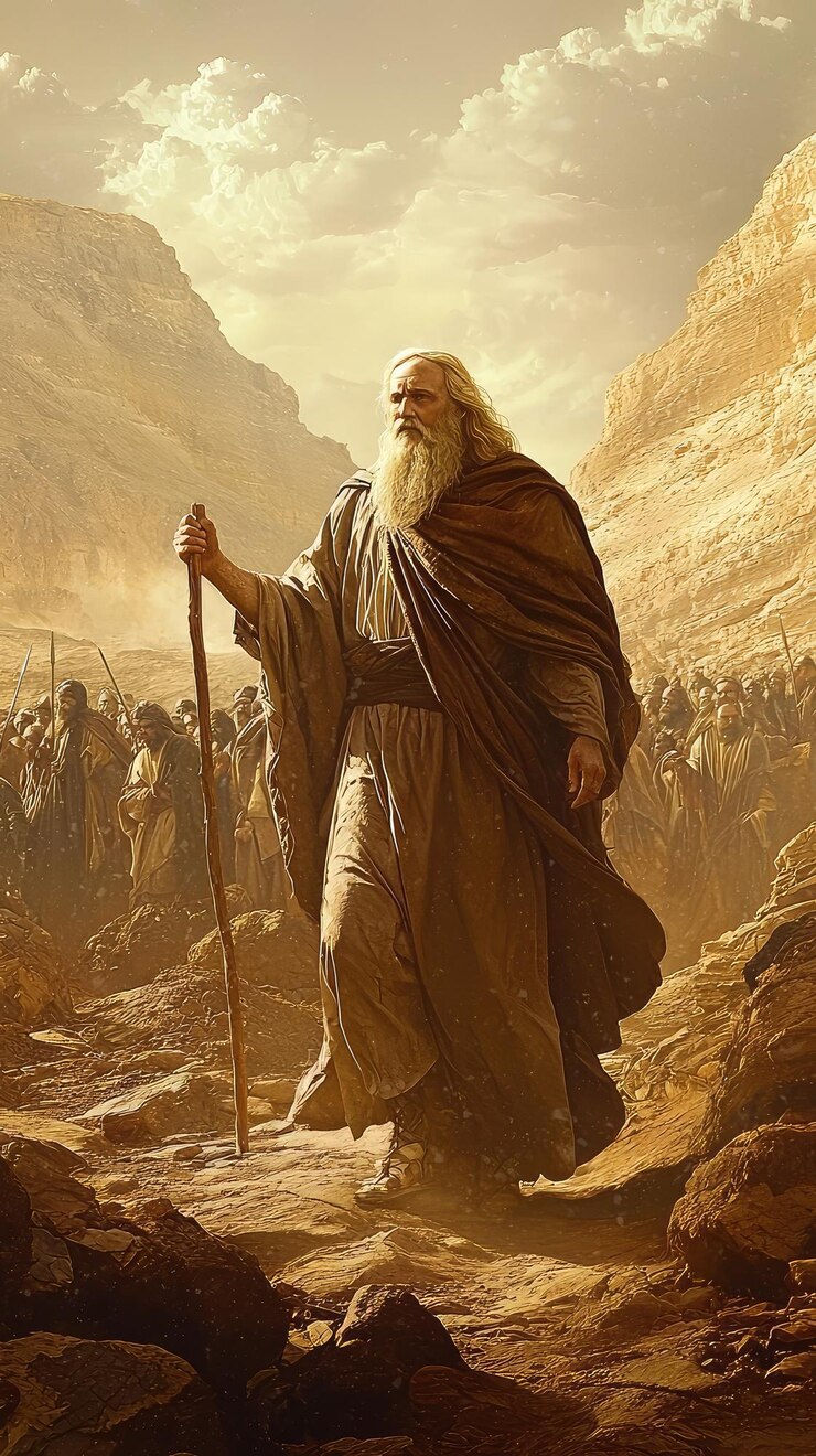 Foto la escena de moisés guiando a la gente a través de un desierto seco y estéril, guiándolos con determinación y fe, captura la esencia de la perseverancia y la esperanza en medio de los desafíos.