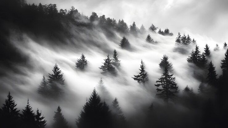 Una escena monocromática del bosque envuelta por una densa niebla