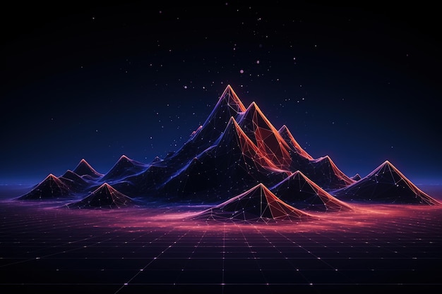 Escena de montaña de estructura metálica infundida con vibrantes elementos de onda retro en un estilo inspirado en los años 80 Retrowave