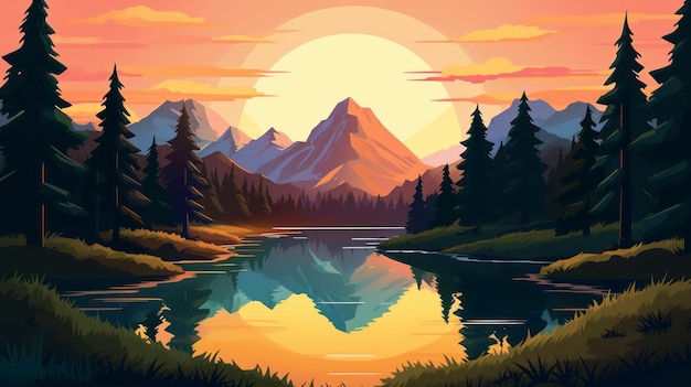 Escena de montaña con lago y árboles Ilustración