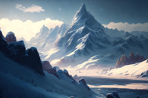 Una escena de montañas cubiertas de nieve y un cielo despejado.