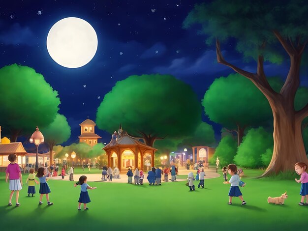 Escena con muchos niños en el parque por la noche