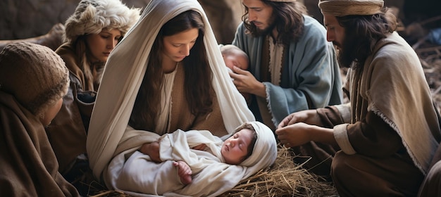 Escena de nacimiento de un granero rústico con María José y el niño Jesús simbolizando el nacimiento del niño Cristo