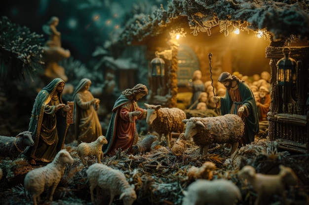 Escena de la Natividad con Jesús María José y los magos de Navidad