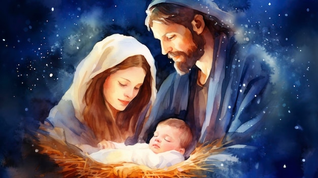 Escena de la natividad de Navidad con el bebé Jesús y María de la Sagrada Familia Ilustración de IA generativa