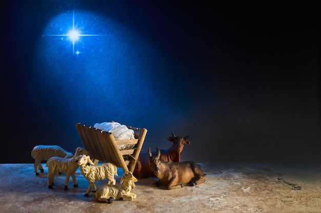 Foto escena de la natividad de navidad del bebé jesús en el pesebre rodeado de animales