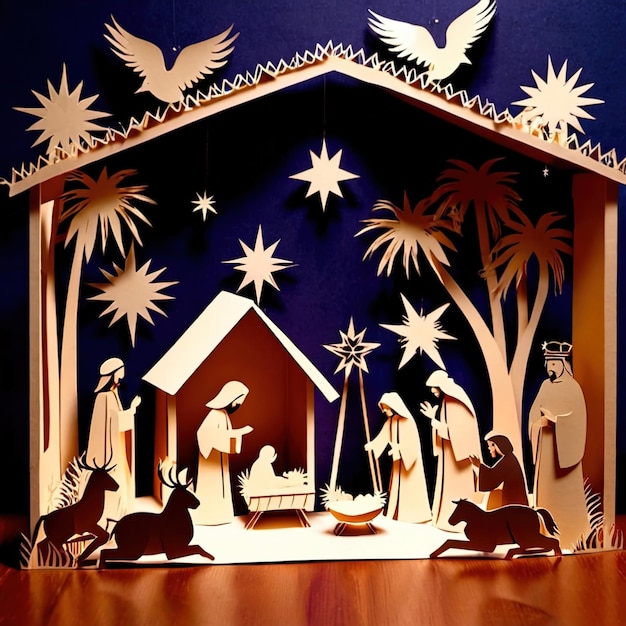 Foto escena de la natividad de navidad diseño tradicional hecho de papel papel tradicional cortado papel hecho a mano