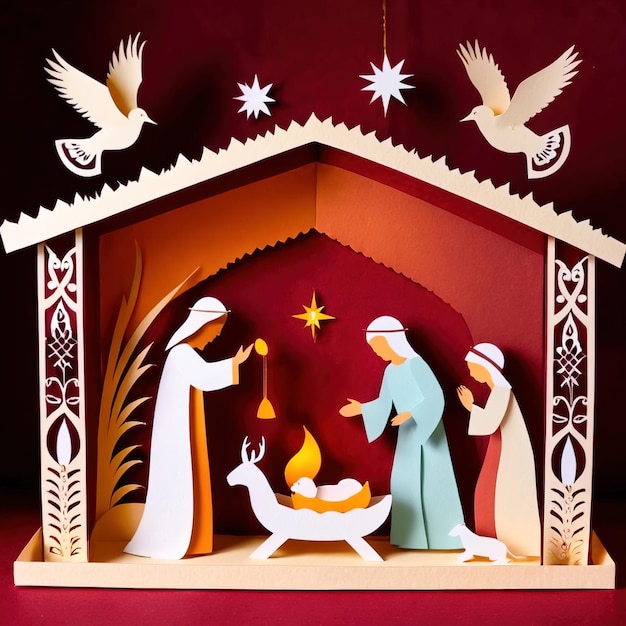 Foto escena de la natividad de navidad diseño tradicional hecho de papel papel tradicional cortado papel hecho a mano