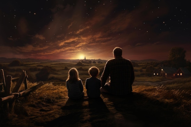 Escena de la natividad de Navidad con la familia por la noche Un niño y una niña sentados en el suelo mirando el cielo estrellado Una familia de cuatro personas observando las estrellas en un entorno rural Generado por IA