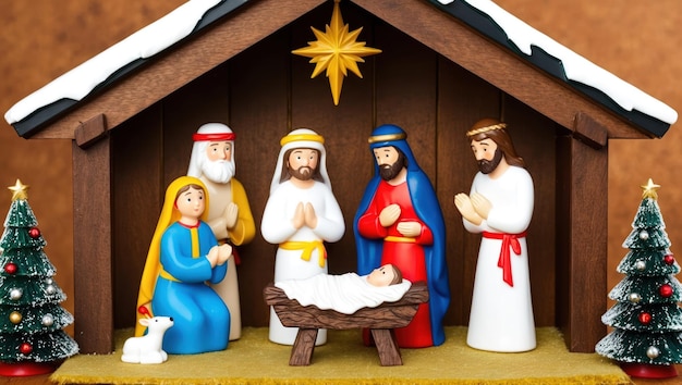 Escena de la Natividad con la santa familia pastores hombres sabios enfatizando la celebración de Navidad