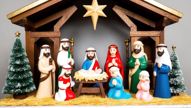 Escena de la Natividad con la santa familia pastores hombres sabios enfatizando la celebración de Navidad