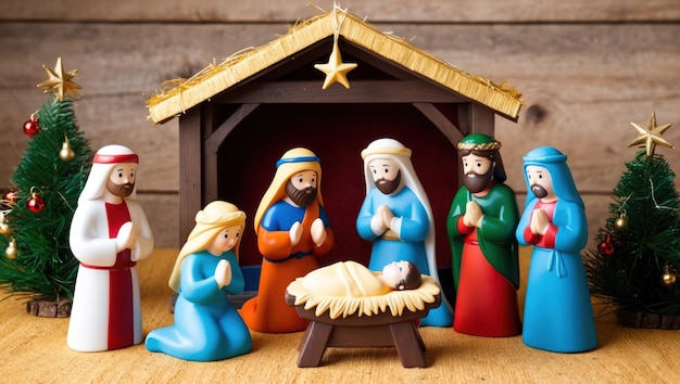 Escena de la Natividad con la santa familia pastores hombres sabios enfatizando la celebración de Navidad