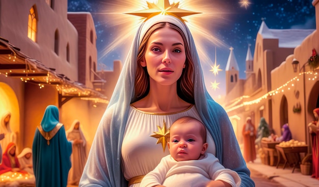 Escena de la Natividad de la Virgen María con el bebé Jesús en sus brazos la estrella de Belén en el cielo