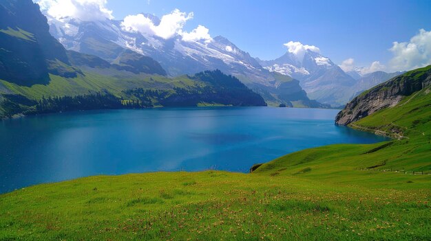 una escena natural con el lago lados verdes de las montañas y agua azul