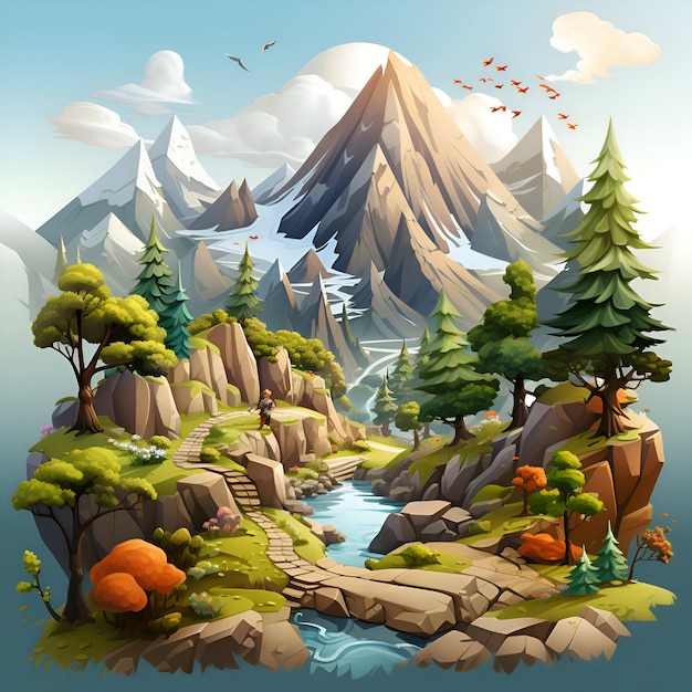 Escena natural con montañas e ilustración de ríos Paisaje de dibujos animados con bosque y lago