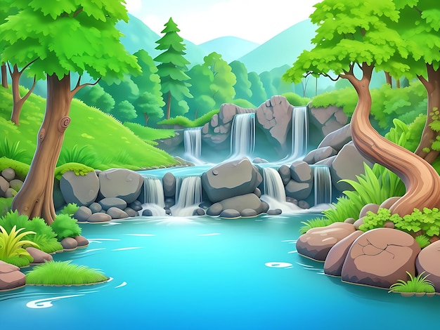 Escena de la naturaleza con cascada y arroyo que fluye a través de la ilustración del vector del bosque