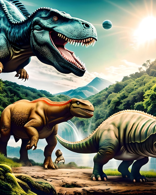 Foto escena de la naturaleza en la era mesozoica con los dinosaurios