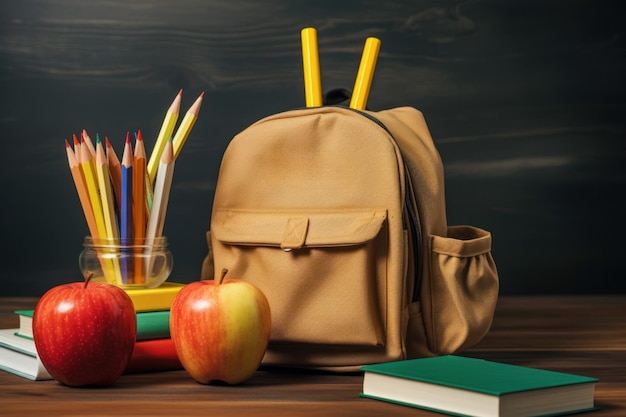 Escena de naturaleza muerta con una mochila, libros, lápices y varios objetos para el concepto de Back to School