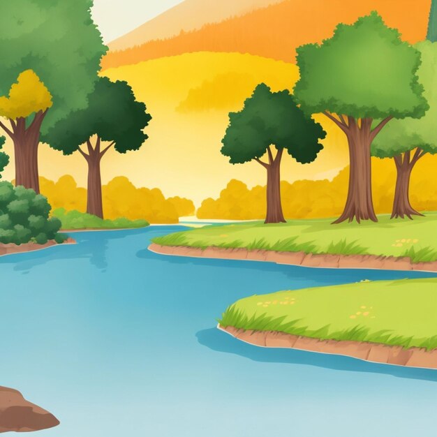 Escena de naturaleza vectorial con ilustración de río y campo