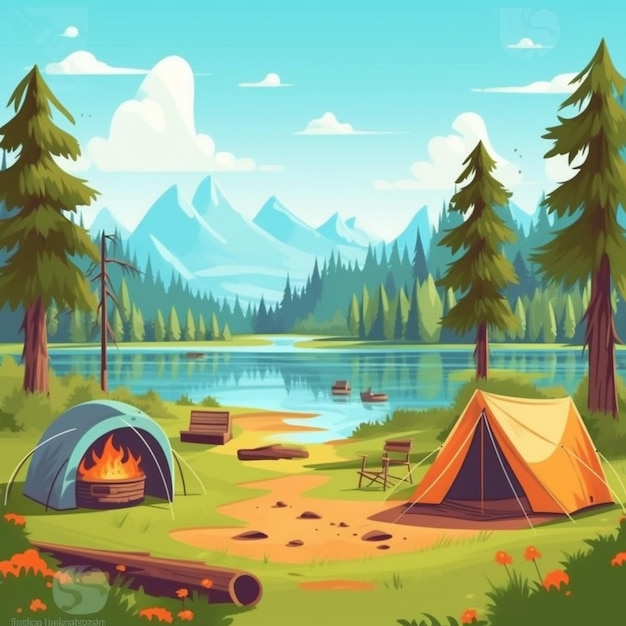 Escena de la naturaleza de verano con carpa de remolque y hoguera Camping de dibujos animados de panorama forestal escénico