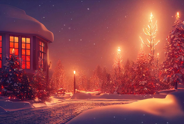 Escena de Navidad al aire libre ilustración de una casa de Navidad con paisaje de invierno de nieve en un pueblo