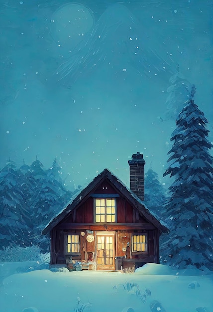 Escena de Navidad al aire libre ilustración de una casa de Navidad con paisaje de invierno de nieve en un pueblo