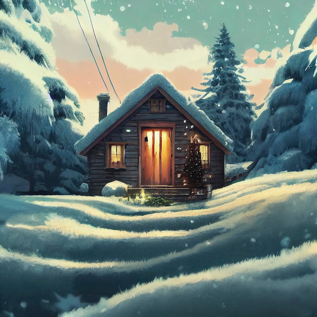 Escena de Navidad al aire libre ilustración de una casa de Navidad con paisaje de invierno de nieve en un pueblo