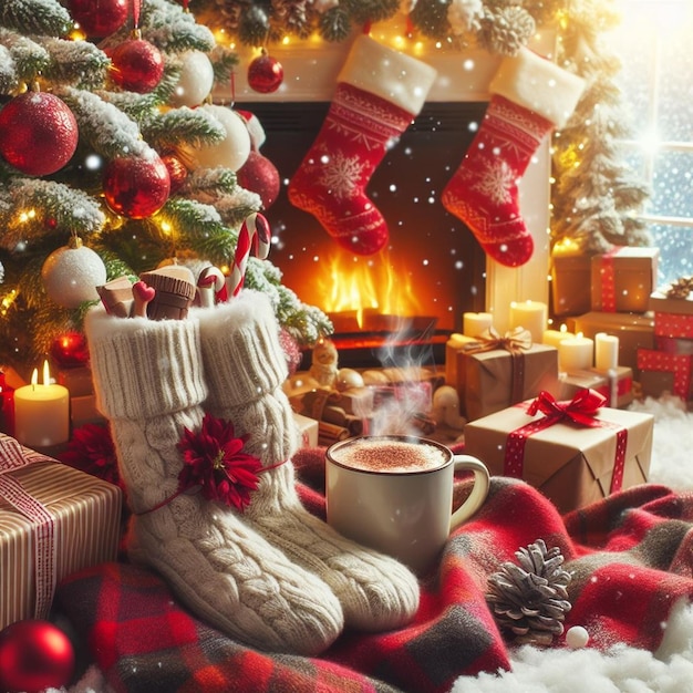 Foto una escena de navidad con una chimenea y un árbol de navidad with a chimenea y una chimenea