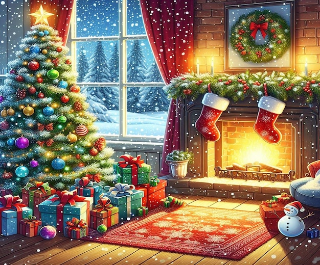 una escena de Navidad con una chimenea y un árbol de Navidad