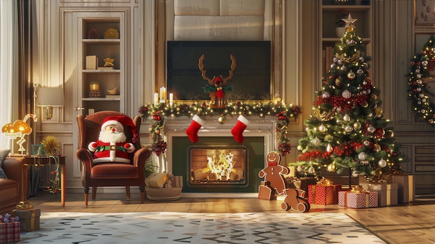 una escena de Navidad con una chimenea y un Papá Noel en la chimenea
