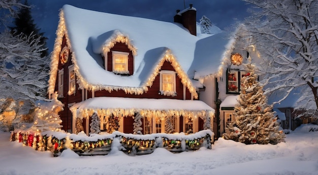 Escena de Navidad con decoraciones de Navidad nieve en las casas luces de Navidad árbol de Navidad
