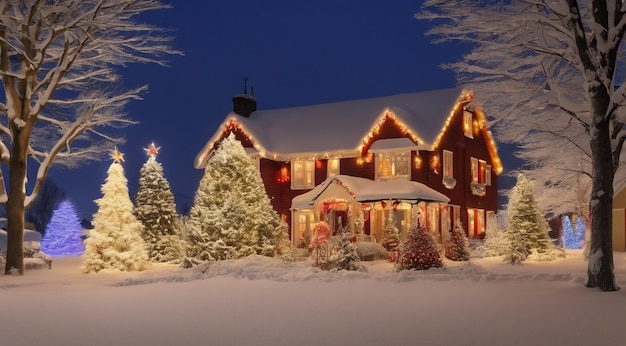 Escena de Navidad con decoraciones de Navidad nieve en las casas luces de Navidad árbol de Navidad