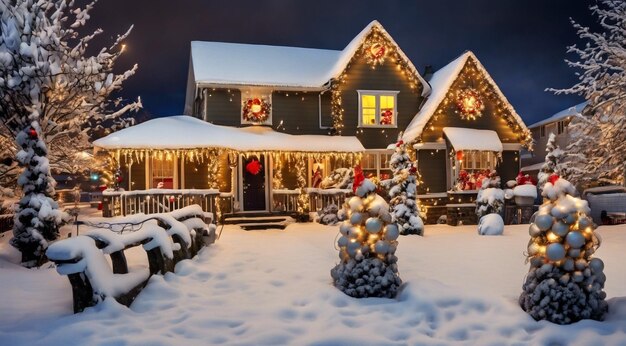 Escena de Navidad con decoraciones de Navidad nieve en las casas luces de Navidad árbol de Navidad