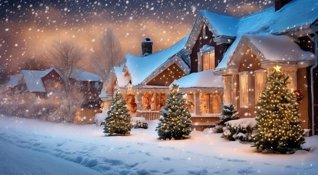 Escena de Navidad con decoraciones de Navidad nieve en las casas luces de Navidad árbol de Navidad