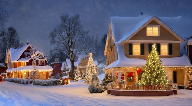 Escena de Navidad con decoraciones de Navidad nieve en las casas luces de Navidad árbol de Navidad