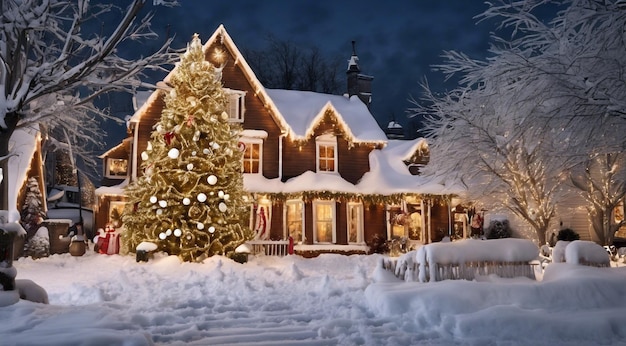 Escena de Navidad con decoraciones de Navidad nieve en las casas luces de Navidad árbol de Navidad