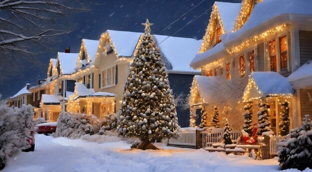 Escena de Navidad con decoraciones de Navidad nieve en las casas luces de Navidad árbol de Navidad