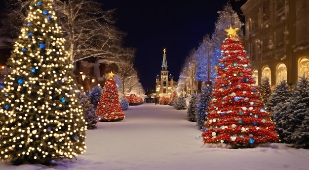 Escena de Navidad con decoraciones de Navidad nieve en las casas luces de Navidad árbol de Navidad